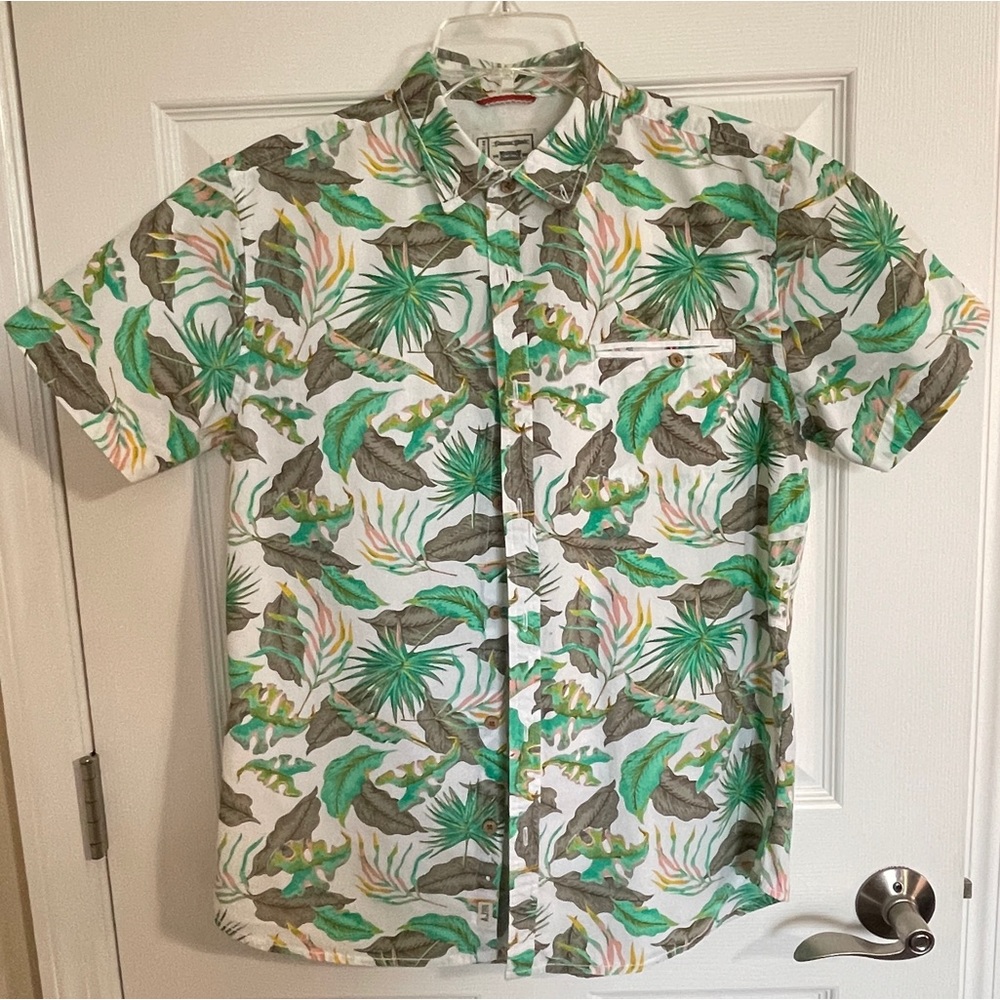 Alexander Julian Colours Tropical Print Button Down Short Sleeve Shirt Size M